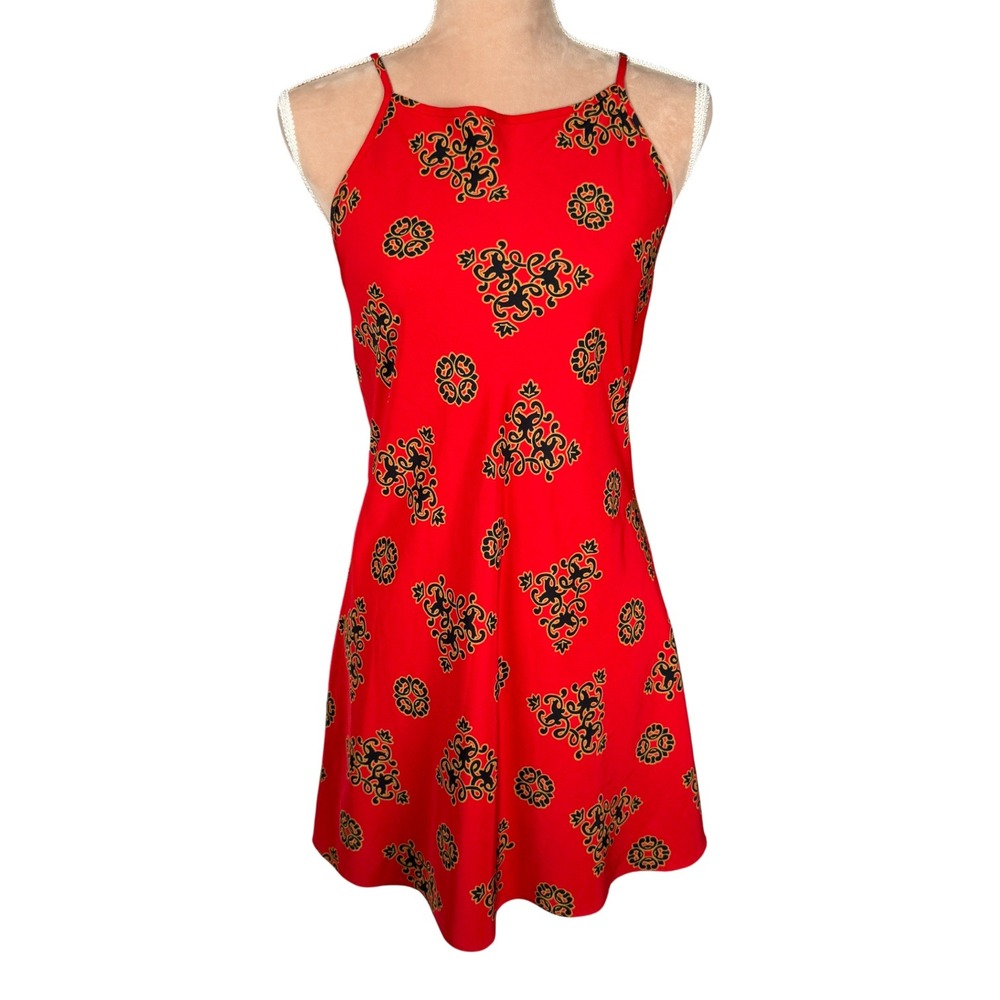 Josie by‎ Natori Red Black Gold Print Spaghetti Strap Mini Dress Womens Unsized